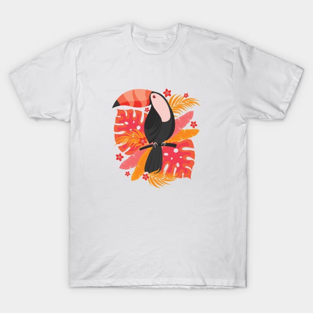 Toucan with Tropical Leaves and Flowers T-Shirt by EliveraDesigns